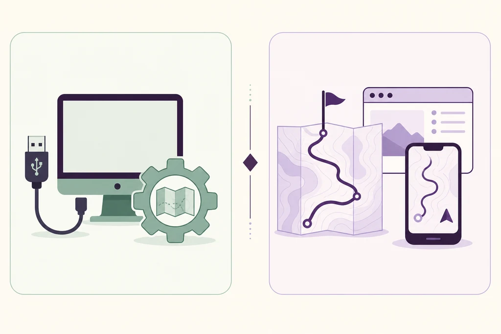 Editorial comparison of desktop Garmin Express maintenance on one side and route planning with Garmin Connect or Explore on the other