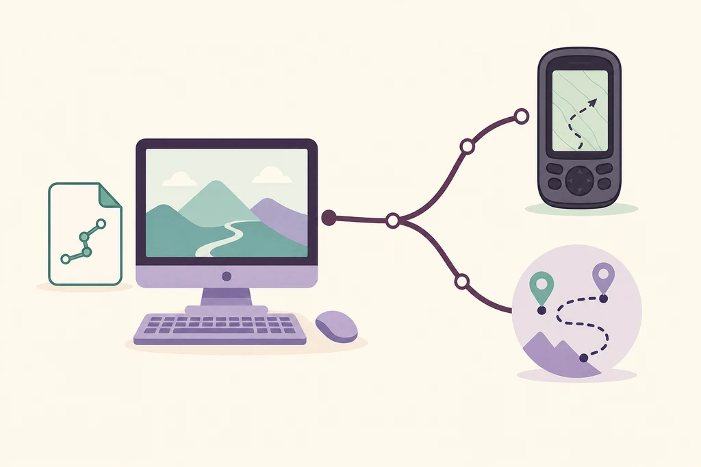 Editorial illustration of a GPX route file branching from a computer toward a Garmin-style GPS and route-planning service