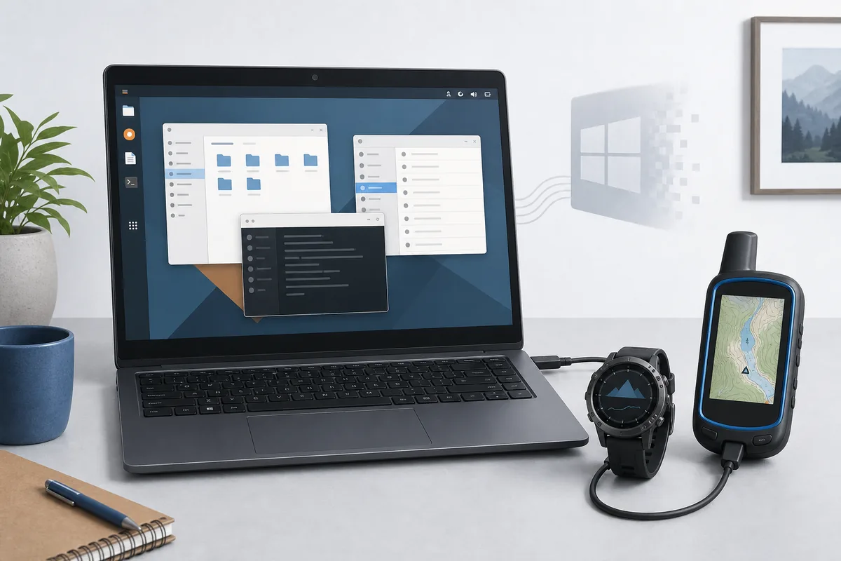 Linux laptop connected to GPS devices, editorial compatibility illustration