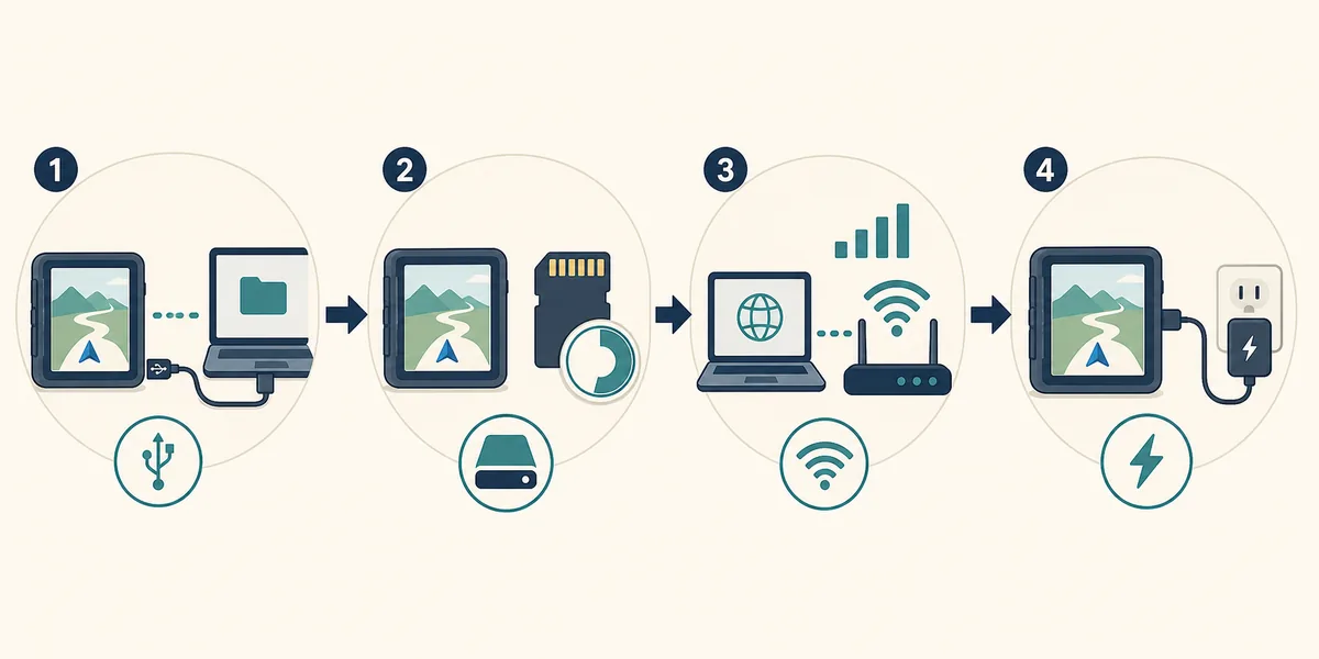 Editorial step-flow showing USB, storage, network and device-power checks for a map update