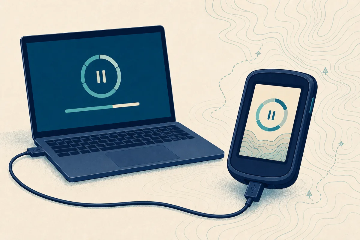 Editorial illustration of a laptop and Garmin-style navigation device paused during map preparation