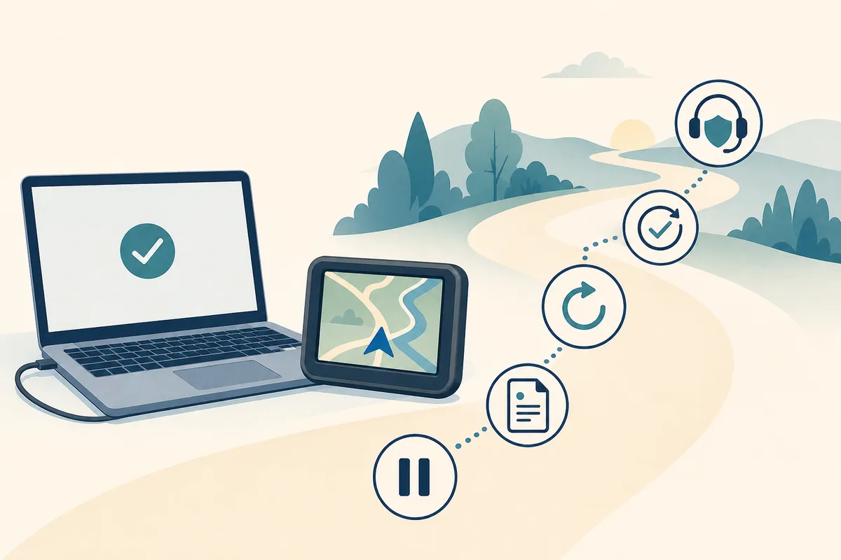 Editorial recovery path from recording an error to restarting a map update and contacting official support