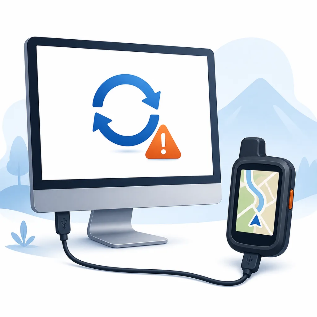 Illustration éditoriale d’un avertissement de mise à jour générique près d’un GPS connecté