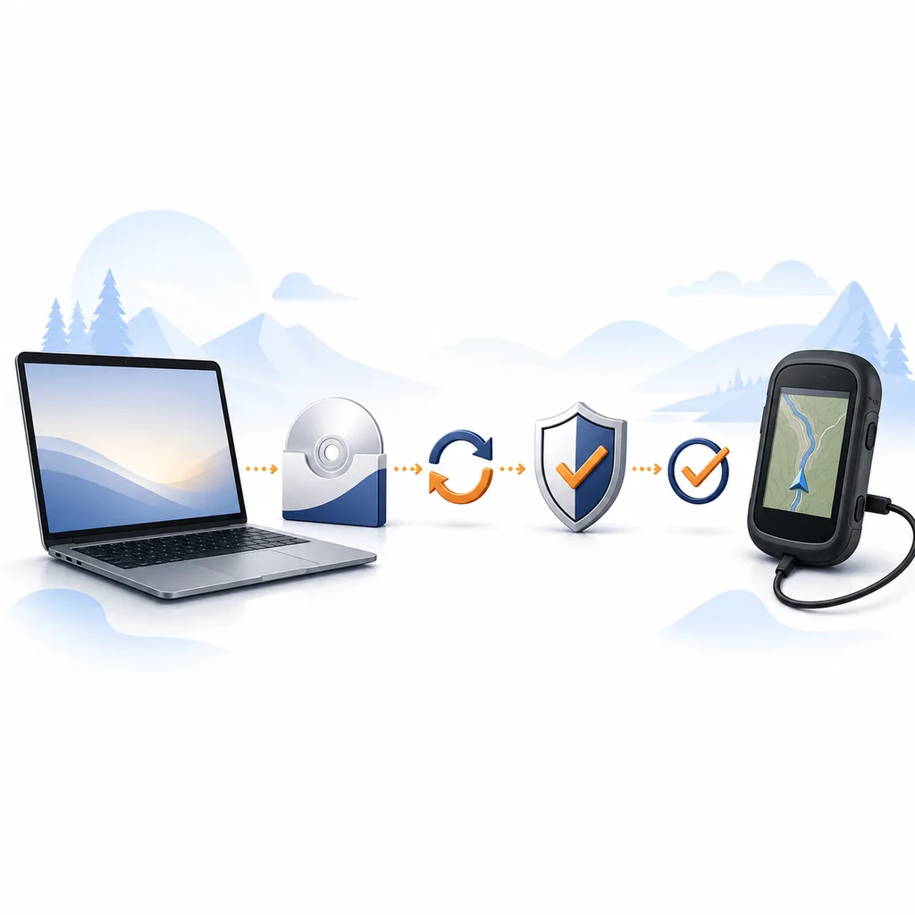Editorial Mac recovery path from a software package through restart and permissions to a connected GPS device