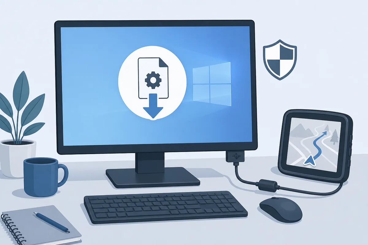Illustrazione editoriale di un computer Windows che scarica un programma prima di collegare un dispositivo Garmin tramite USB
